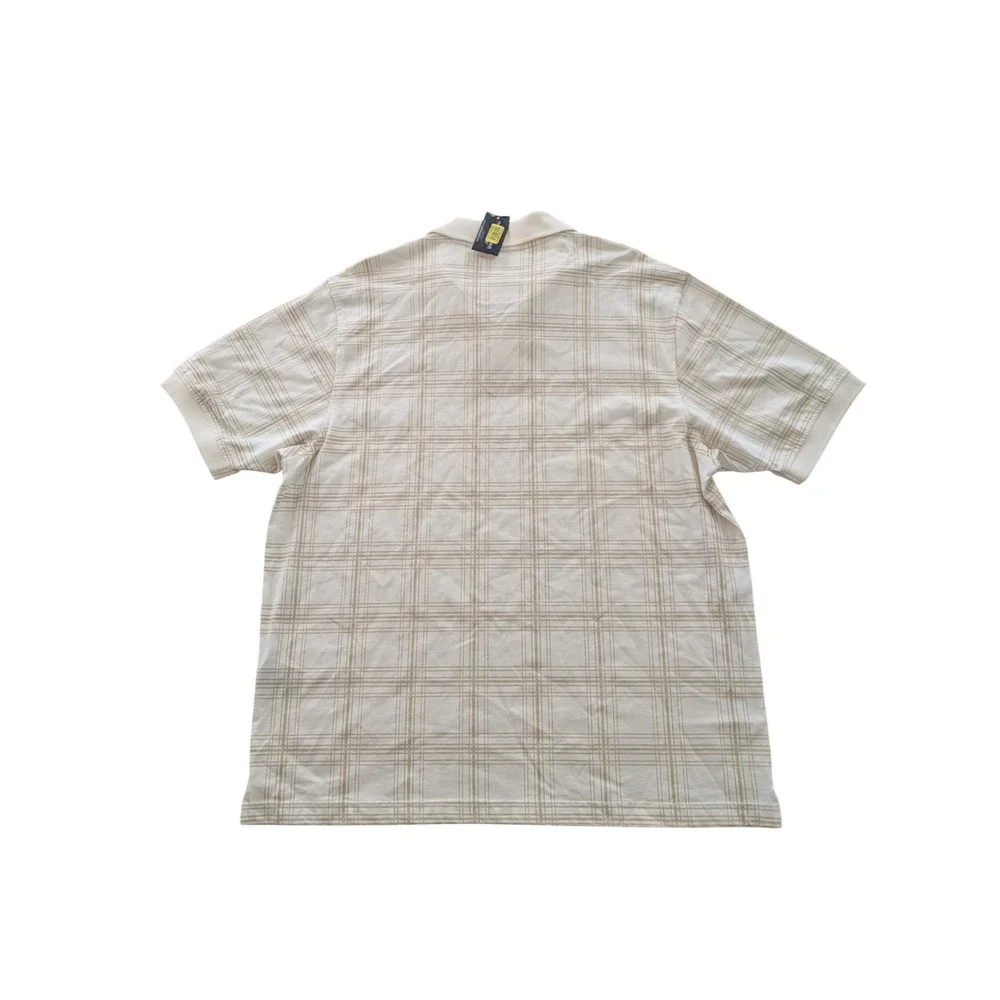 Roundtree & Yorke Mens Large Cream‎ Tan Plaid Cotton Short Sleeve Polo Shirt NWT